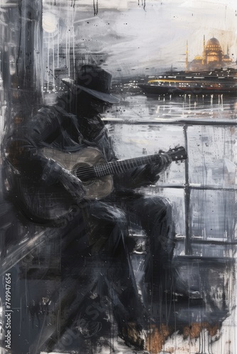 A male guitarist is playing guitar on the street. Illustration