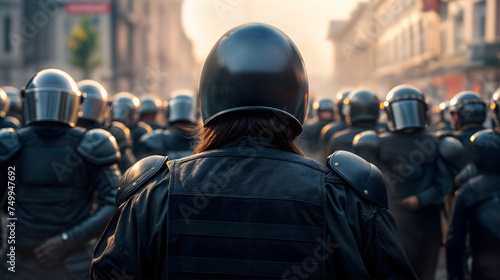 Rearward view of unit riot control overseeing a tumultuous rally. Generative AI photo