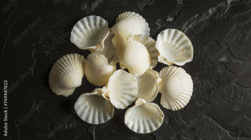 Aesthetic top view of white seashells on dark background. Sun rays, minimalist sea concept. Generative AI Aesthetic top view of white seashells on dark background. Sun rays, minimalist sea concept. Generative AI