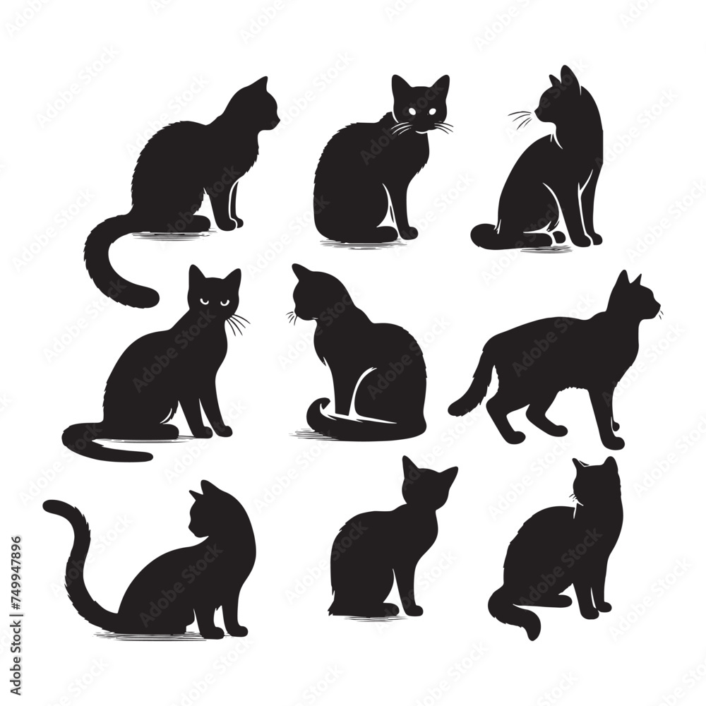 set of black cats silhouettes on white
