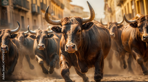 Majestic bull stands regally in the street,during the San Fermín. Generative AI