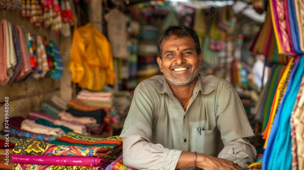 A cheerful Indian cloth merchant or clothing store owner sits happily in their shop, surrounded by colorful fabrics and textiles. A cheerful Indian cloth merchant or clothing store owner sits happily in their shop, surrounded by colorful fabrics and textiles.