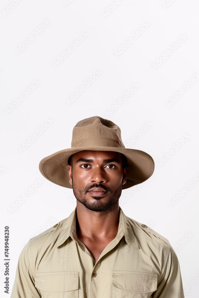 Standing tall in his safari uniform, a Male zookeeper's portrait is isolated against a solid background, embodying his commitment to caring for animals. Standing tall in his safari uniform, a Male zookeeper's portrait is isolated against a solid background, embodying his commitment to caring for animals.