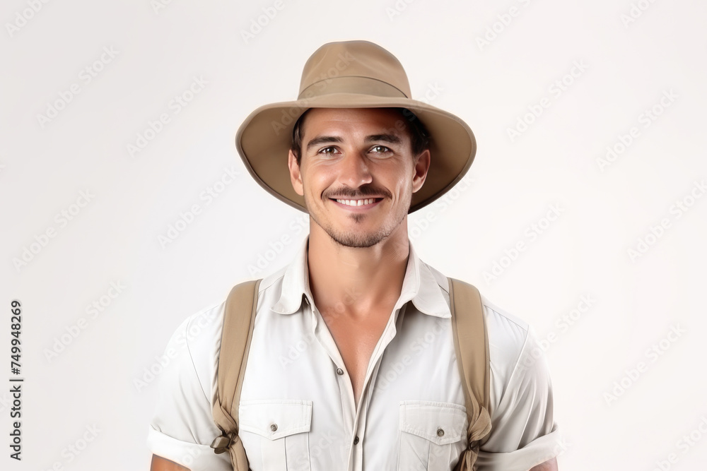 Standing tall in his safari uniform, a Male zookeeper's portrait is isolated against a solid background, embodying his commitment to caring for animals. Standing tall in his safari uniform, a Male zookeeper's portrait is isolated against a solid background, embodying his commitment to caring for animals.
