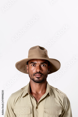 Standing tall in his safari uniform, a  Male zookeeper's portrait is isolated against a solid background, embodying his commitment to caring for animals.