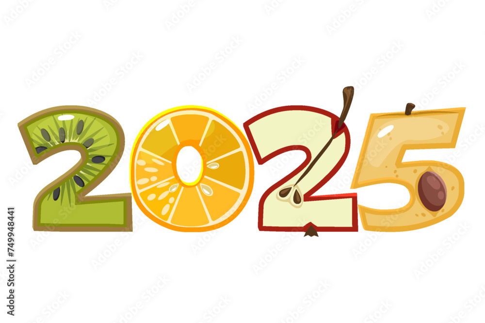 Fruit 2025 for calendar design. Cartoon 2025 from fruit numbers. Summer