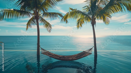 Hammock between palm trees overlooking the ocean, with copy space