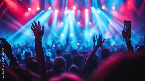 Energetic Crowd Enjoying a Live Concert with Vibrant Stage Lights.