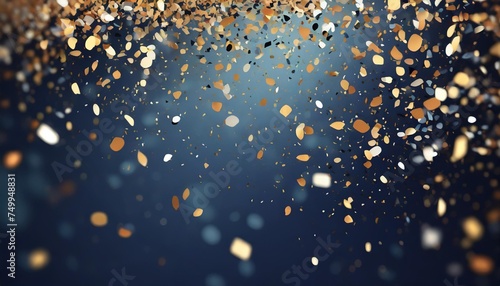 blue gradient background with gold confetti falling from the top scattered in different directions creating a dreamy and celebratory mood