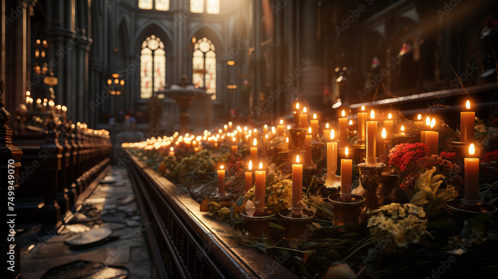 Candlelit Church interior: A scene of a candlelit church, creating a reverent atmosphere.
