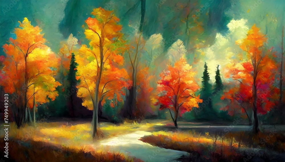 oil painting landscape colorful autumn trees abstract style