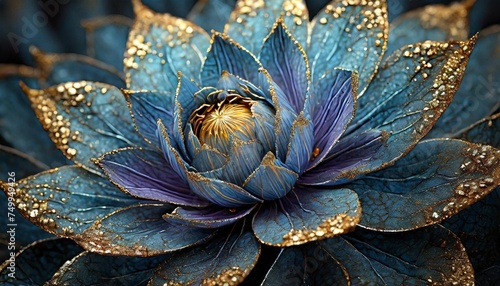 beautiful abstract blue flower with gold veins and pollen petals arranged in fibonacci spiral
