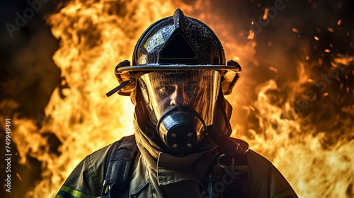 A closeup shot of a fireman in full gear helmet shining amidst a backdrop of roaring flames showcasing bravery and determination