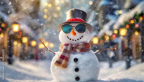 funny smiling snowman with sunglasses dressed in a business suit stands on a snowy street christmas and new year funny concept © Tomas