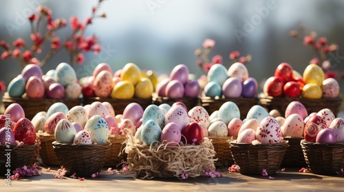 Colorful Easter baskets filled with eggs on blurred otdoor natural background. Easter concept. photo