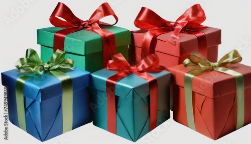 a collection of red blue and green gift wrapped christmas birthday or valentines presents with red ribbon bows isolated against a transparent background © Tomas