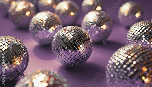 pattern made of disco balls with natural sparkle from sunligt on a purple background sunny bright retro aesthetic party concept christmas and new year wallpaper photo