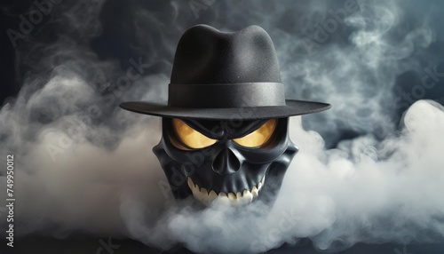 scary evil face with black hat and white smoke on black background