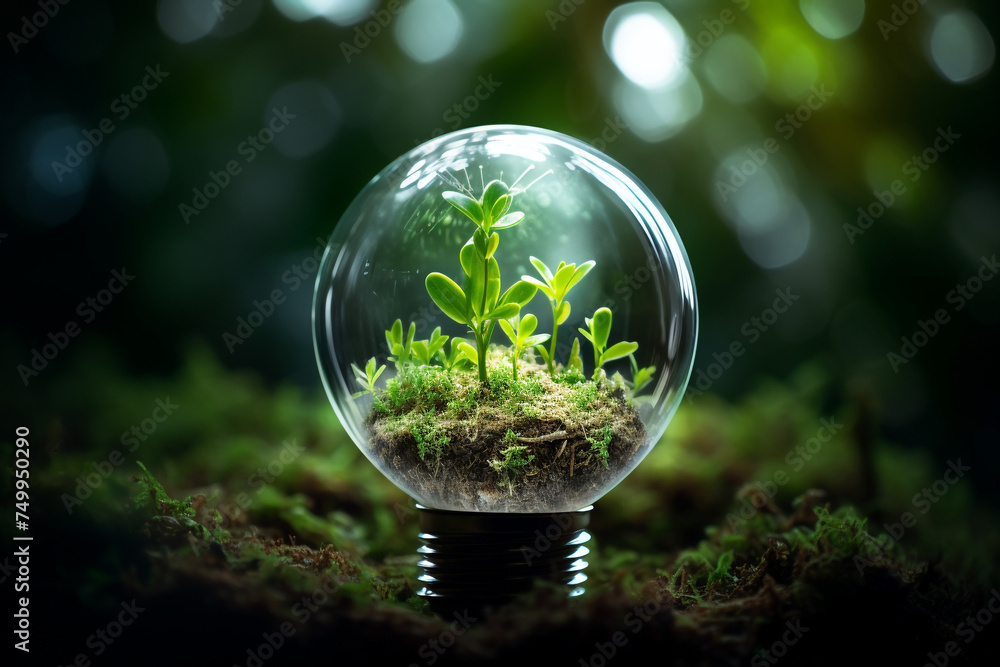 plant inside a light bulb, renewable energy light bulb with green energy