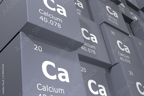 Calcium, 3D rendering background of cubes of symbols of the elements of the periodic table, atomic number, atomic weight, name and symbol. Education, science and technology. 3D illustration