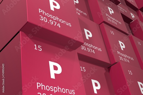 Phosphorus, 3D rendering background of cubes of symbols of the elements of the periodic table, atomic number, atomic weight, name and symbol. Education, science and technology. 3D illustration