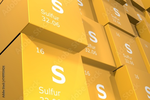 Sulfur, 3D rendering background of cubes of symbols of the elements of the periodic table, atomic number, atomic weight, name and symbol. Education, science and technology. 3D illustration