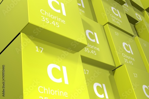 Chlorine, 3D rendering background of cubes of symbols of the elements of the periodic table, atomic number, atomic weight, name and symbol. Education, science and technology. 3D illustration