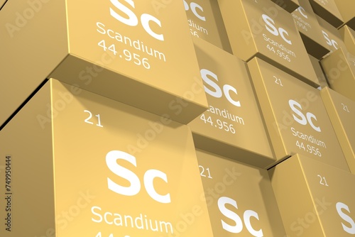 Scandium, 3D rendering background of cubes of symbols of the elements of the periodic table, atomic number, atomic weight, name and symbol. Education, science and technology. 3D illustration