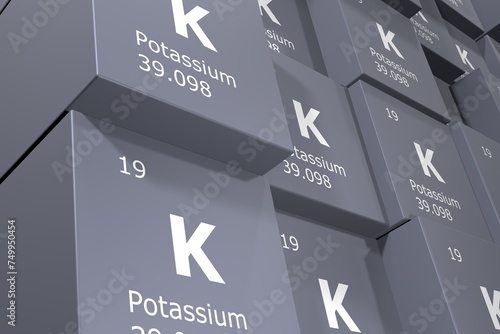 Potassium, 3D rendering background of cubes of symbols of the elements of the periodic table, atomic number, atomic weight, name and symbol. Education, science and technology. 3D illustration