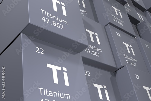 Titanium, 3D rendering background of cubes of symbols of the elements of the periodic table, atomic number, atomic weight, name and symbol. Education, science and technology. 3D illustration