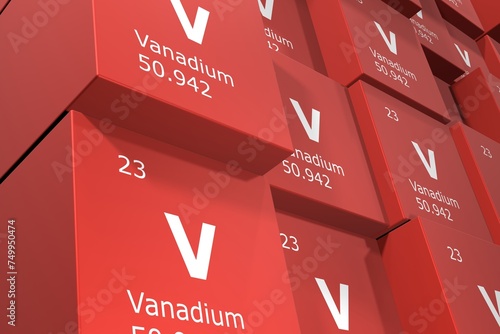 Vanadium, 3D rendering background of cubes of symbols of the elements of the periodic table, atomic number, atomic weight, name and symbol. Education, science and technology. 3D illustration