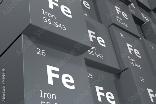 Iron, 3D rendering background of cubes of symbols of the elements of the periodic table, atomic number, atomic weight, name and symbol. Education, science and technology. 3D illustration photo