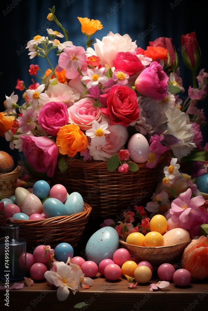 Colorful Easter basket filled with eggs and treats, decorated with flowers. Easter concept. Colorful Easter basket filled with eggs and treats, decorated with flowers. Easter concept.