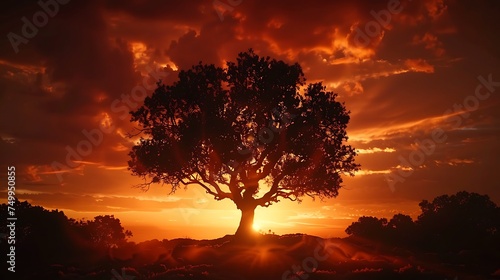 Frame the dramatic silhouette of a lone tree against a fiery sunset