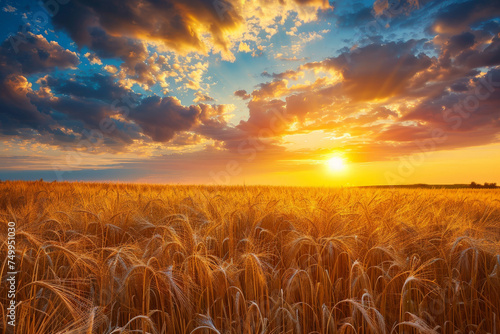 A field of golden wheat with a beautiful sunset in the background