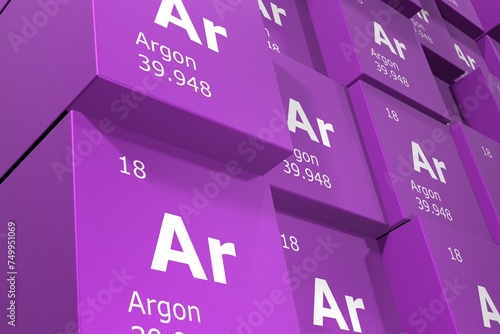 Argon, 3D rendering background of cubes of symbols of the elements of the periodic table, atomic number, atomic weight, name and symbol. Education, science and technology. 3D illustration