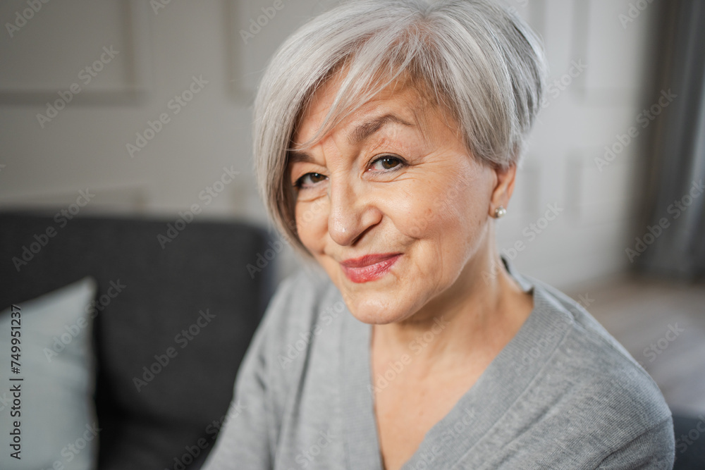 Portrait of confident stylish european middle aged senior woman. Older mature 60s lady smiling at home. Happy attractive senior female looking camera close up face headshot portrait. Happy people Portrait of confident stylish european middle aged senior woman. Older mature 60s lady smiling at home. Happy attractive senior female looking camera close up face headshot portrait. Happy people