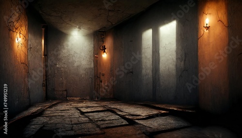empty dark room with old and damaged walls night scene with neon light halloween scary background