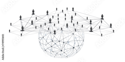 Black and White Networks, Business or Social Media Connections Concept Design with Grey Globe and 3D Wireframe Mesh on Isolated White Background - Businessman Figures Connected with Polygonal Mesh
