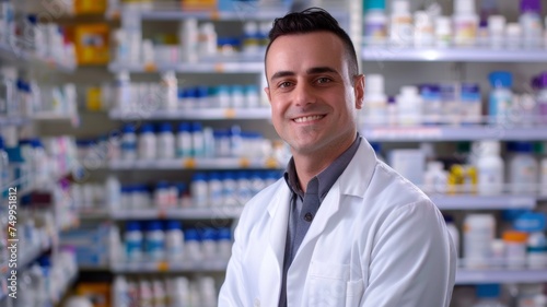 Image of a male pharmacist standing in a pharmacy Ready to assist customers with their medication needs.