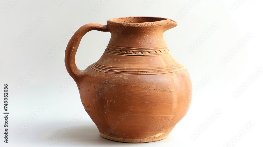 Clay jug with handle on isolated white background