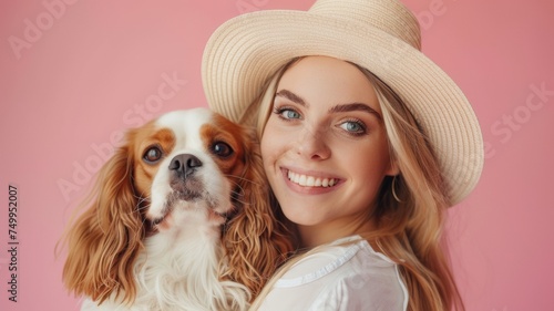 A cheerful young woman embraces a King Charles Spaniel showing the bond between owner and pet. pink background