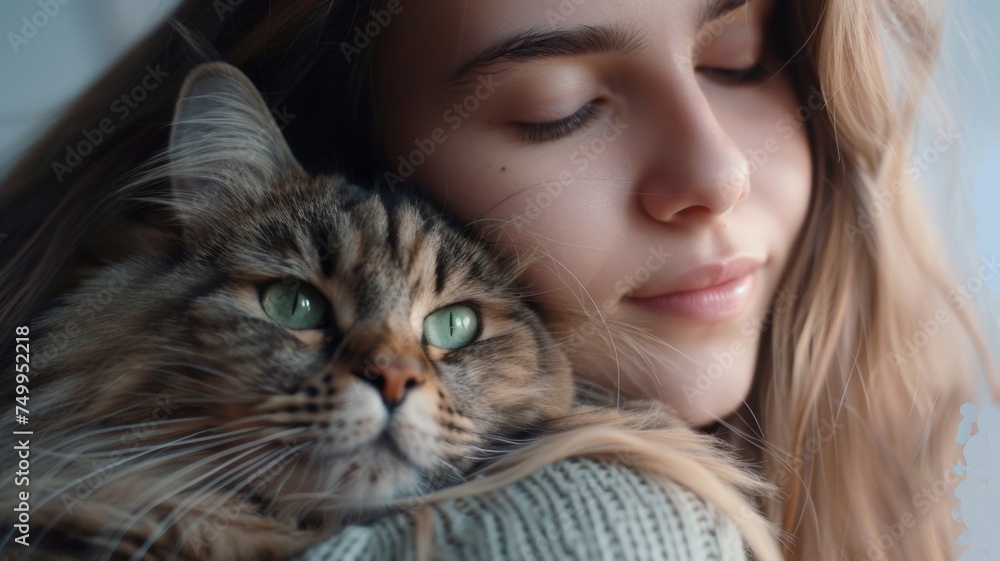 Young woman holds a cute cat with green eyes