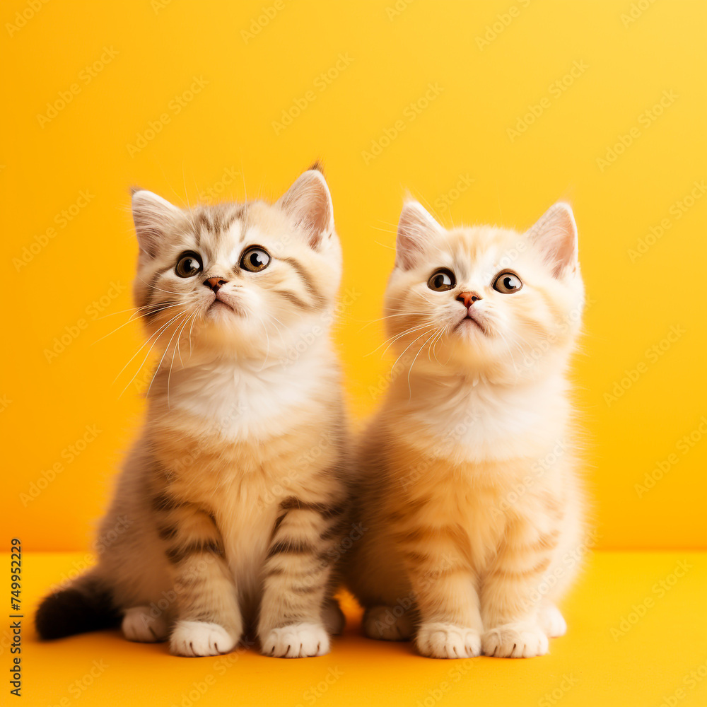 Two cute fluffy kittens in a relaxed pose. on a pastel background
