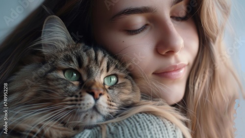 Young woman holds a cute cat with green eyes