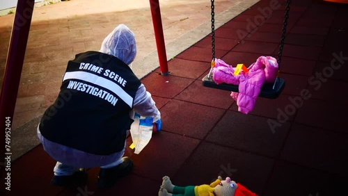 crime scene in a children's playground, where a child was kidnapped. the police present to catalog the evidence. swing and games seized.