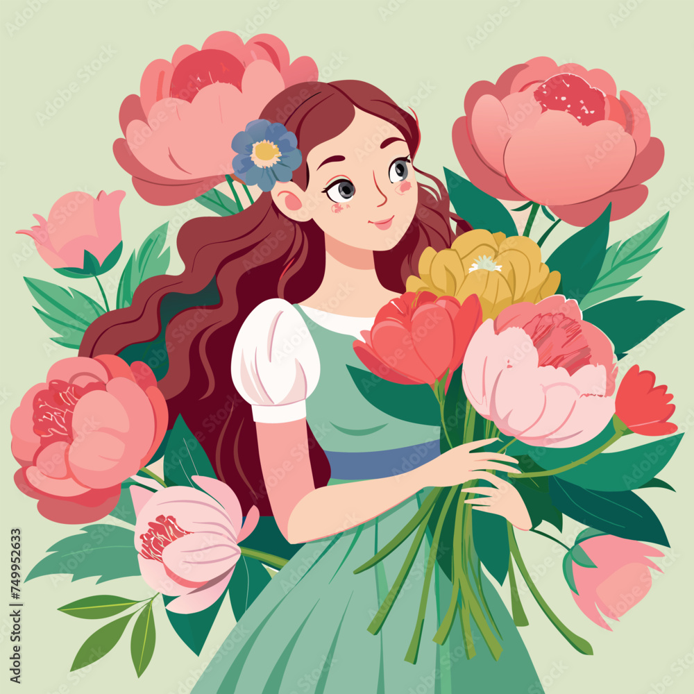 A girl is holding a bouquet of flowers. The flowers are pink and the girl is wearing a blue dress. Women's day