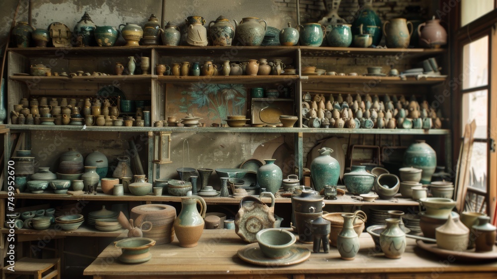 A pottery shop, a place where handmade ceramics and pottery items are sold, showcasing artisanal craftsmanship and creativity. A pottery shop, a place where handmade ceramics and pottery items are sold, showcasing artisanal craftsmanship and creativity.