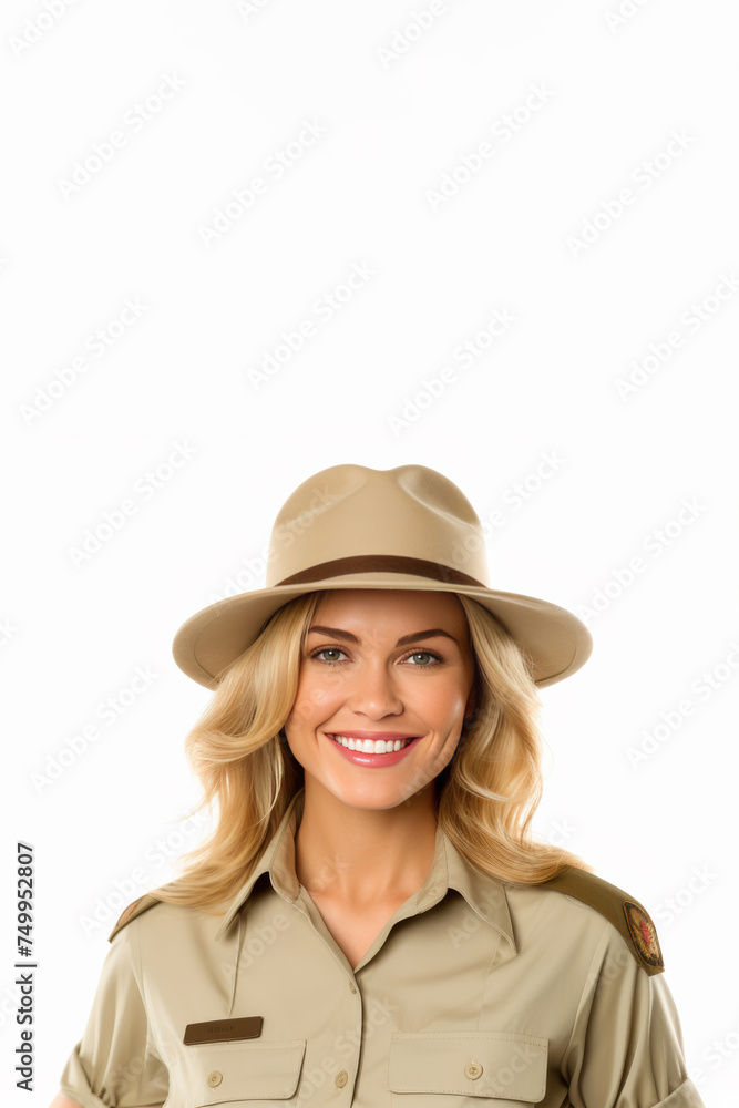 A portrait of a young female zookeeper, donning her safari uniform, stands against a solid background, exuding confidence and dedication. A portrait of a young female zookeeper, donning her safari uniform, stands against a solid background, exuding confidence and dedication.