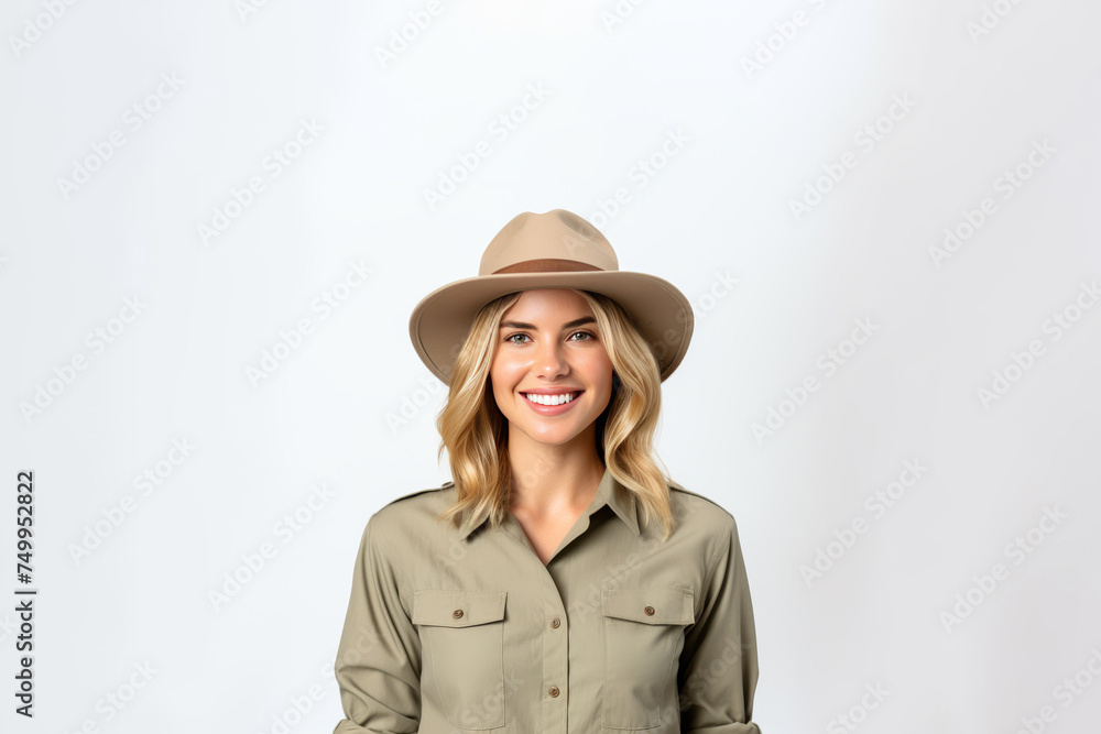 A portrait of a young female zookeeper, donning her safari uniform, stands against a solid background, exuding confidence and dedication. A portrait of a young female zookeeper, donning her safari uniform, stands against a solid background, exuding confidence and dedication.